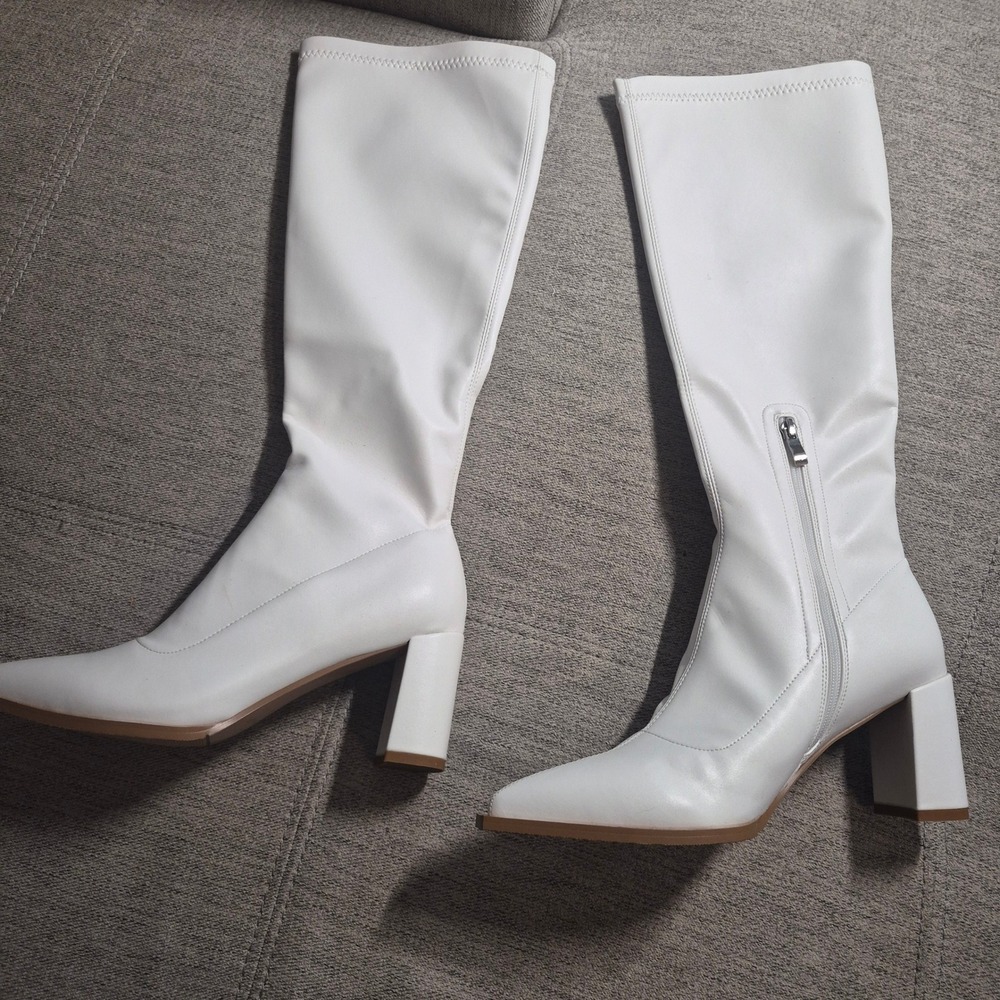 White Faux Leather Knee High Boots Pointed Toe Block Heel Side Zip Women Shoes